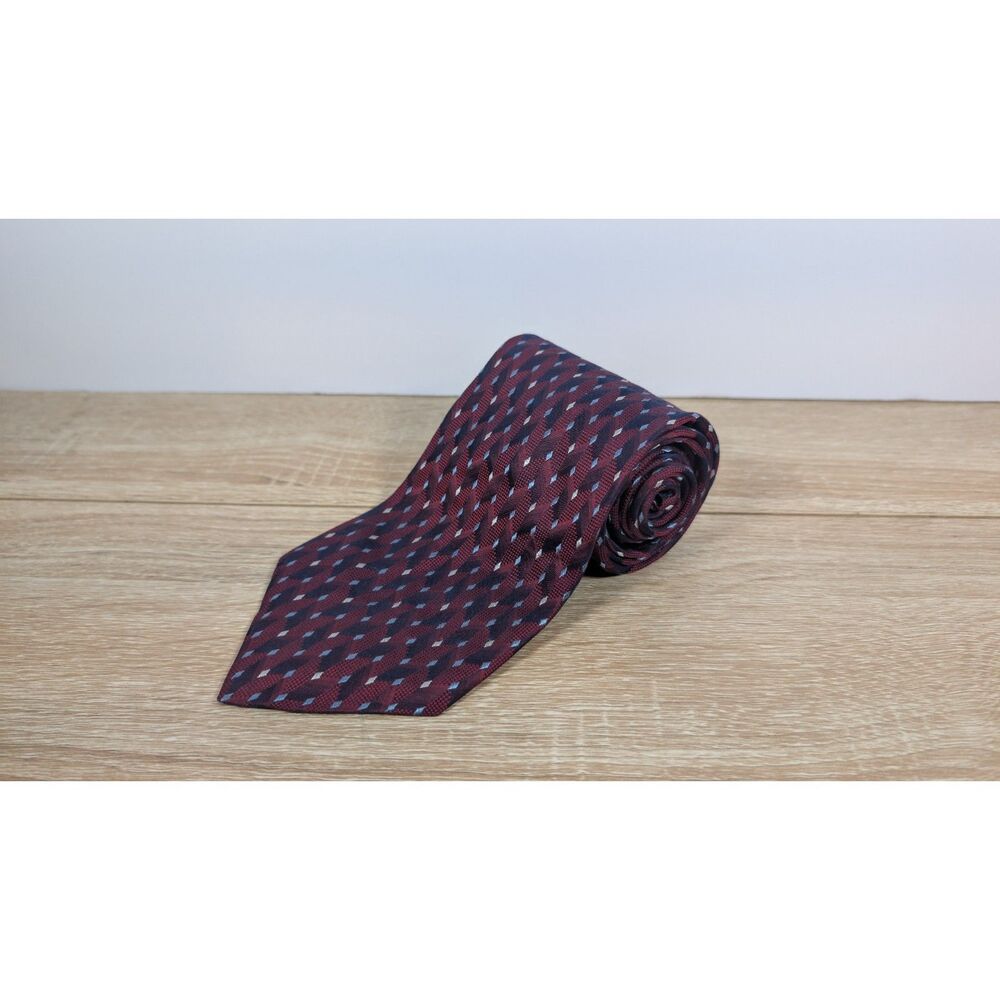 Claiborne 100% Silk Tie Burgundy Navy Geometric Pattern